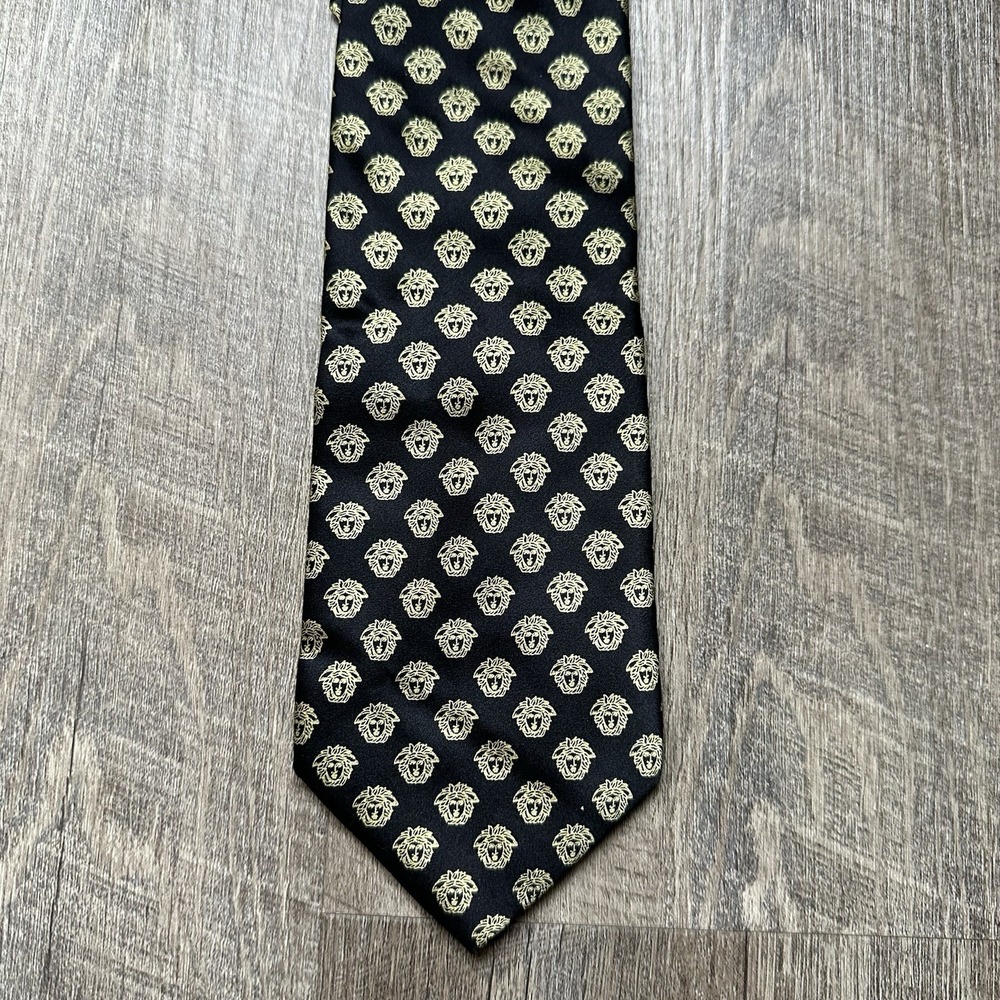 Gianni Versace Coal Black Gold‎ Face VINTAGE Silk Tie Made in Italy  EXC+++